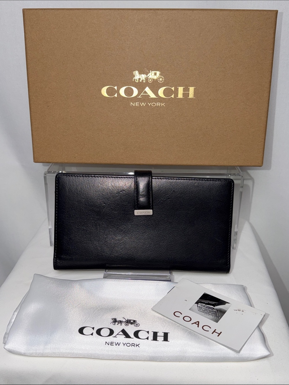 Vintage COACH Black Buffalo Leather Lexington Clutch Wallet Box Dust Bag